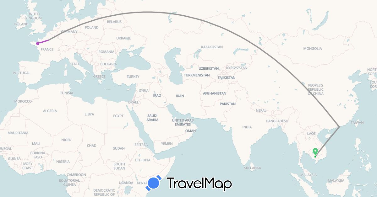 TravelMap itinerary: driving, bus, plane, train in France, Hong Kong, Cambodia (Asia, Europe)